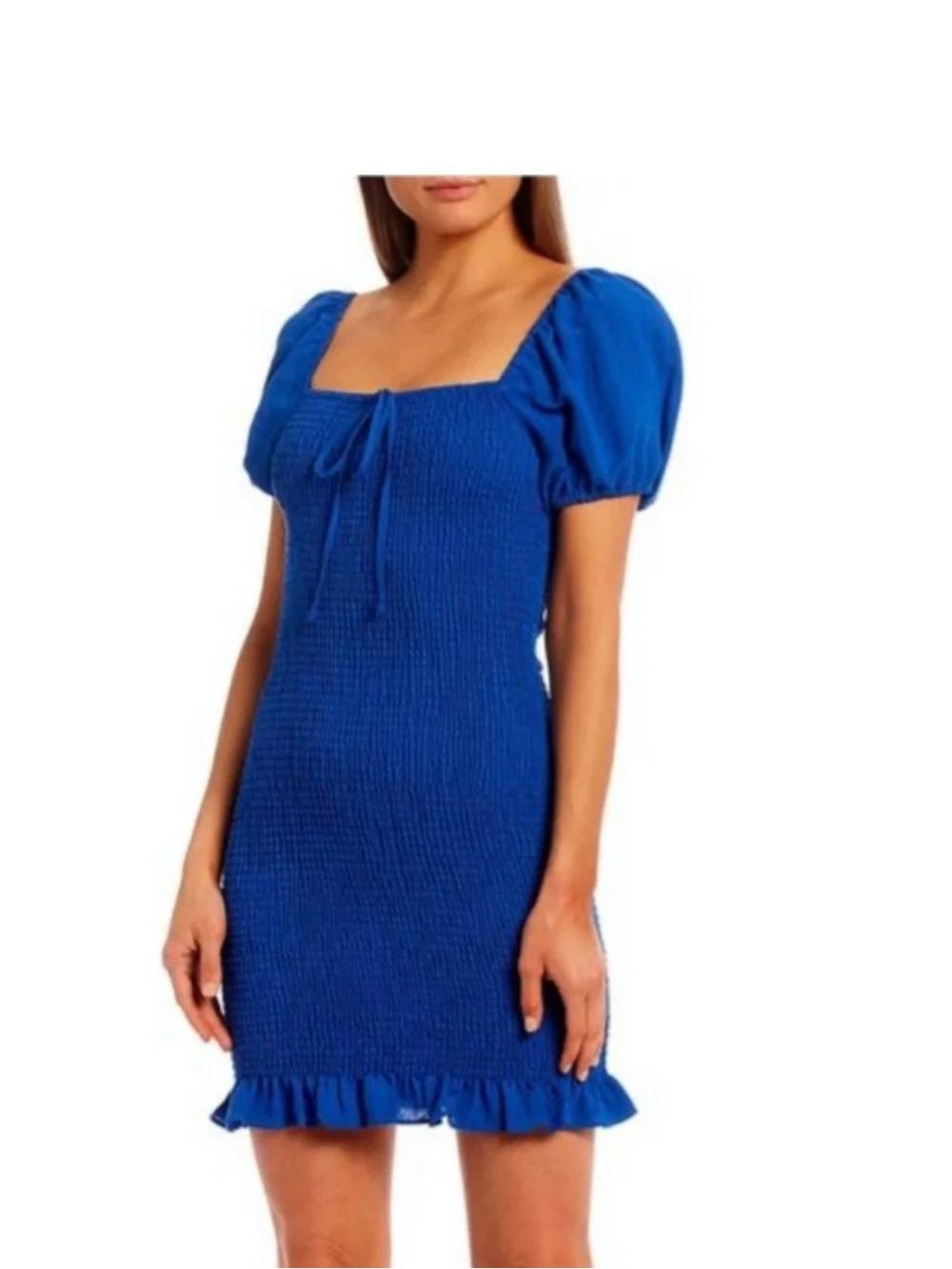 Gianni Bini "Alli" Blue Smocked Square Neck Bodycon Mini Dress SZ M Puff sleeves